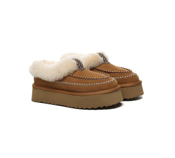 UGG Slippers Women Sheepskin Wool Collar Ankle Platform Santana - Huakoa